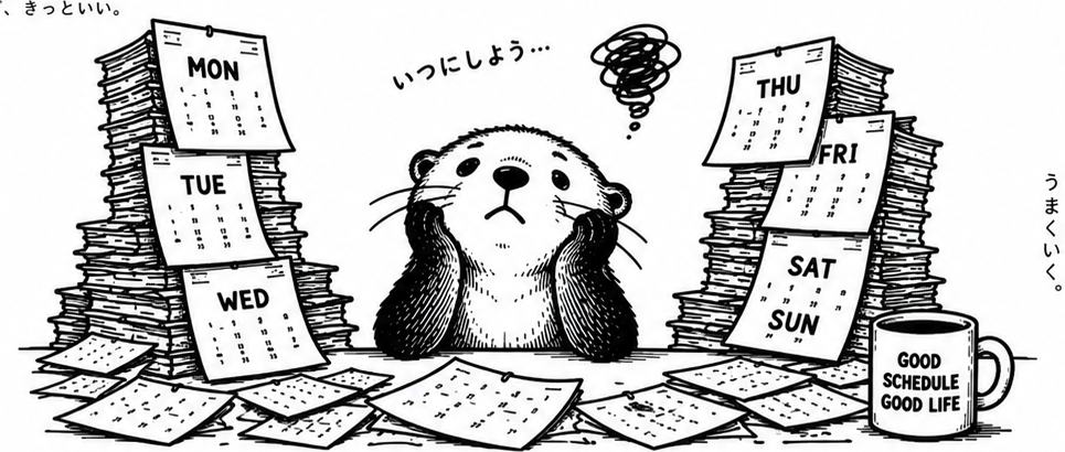 スケジュール表を眺めて困っているカワウソ